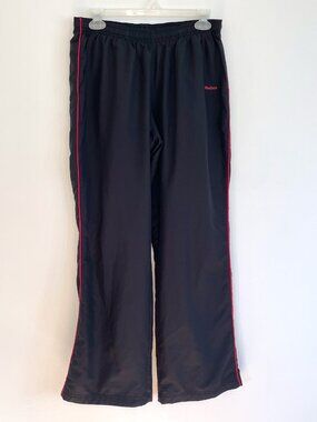 REEBOK Black Red Piping Stripe Pull On Drawstring Swishy Active Track Pants Y2K